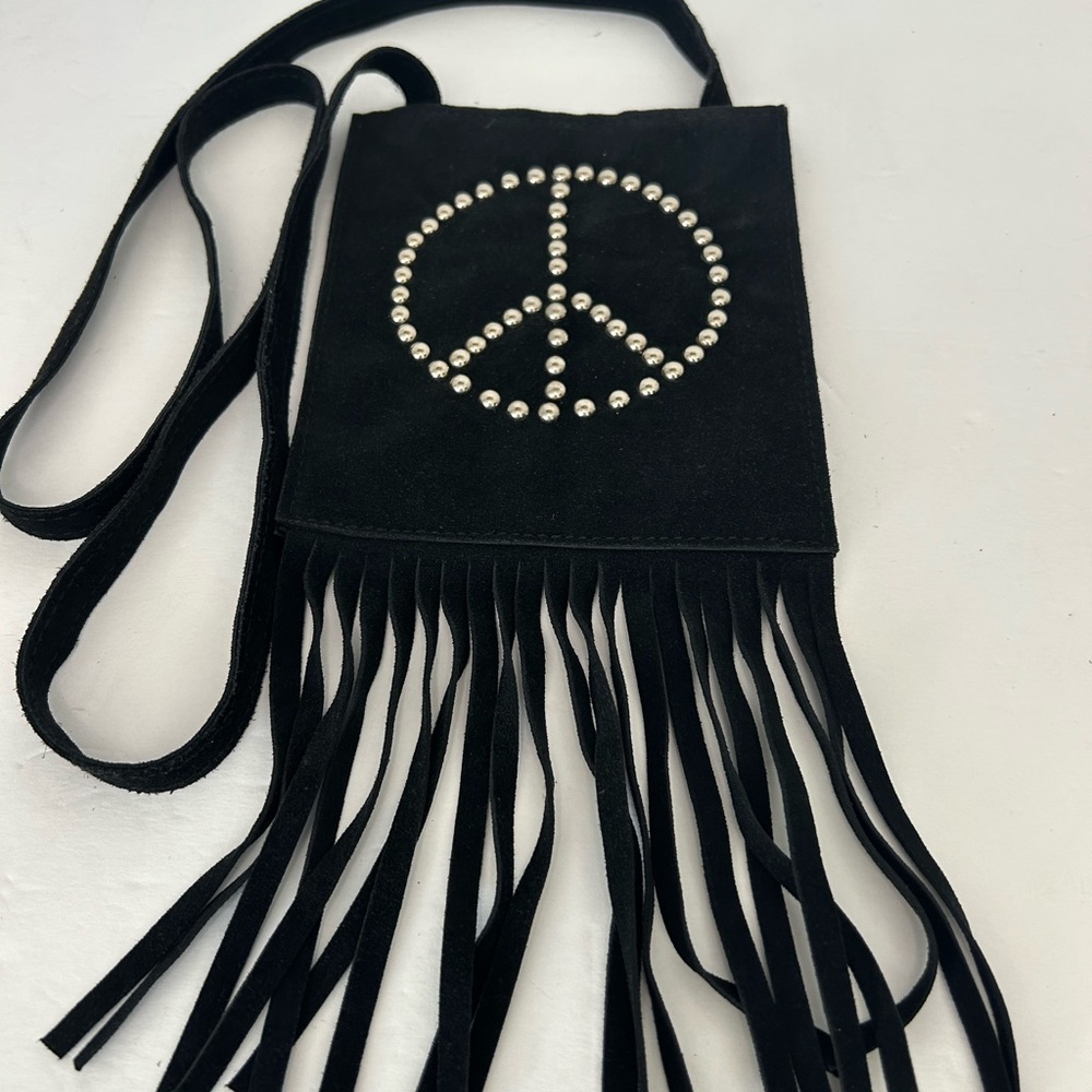 JJ Winters Black suede Crossbody Bag with Peace Sign and Fringe